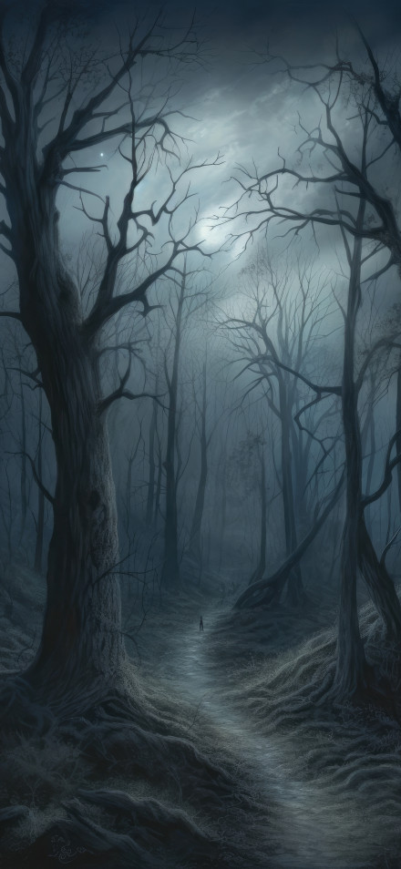 Dark Foggy Woods Under a Full Moon 4K UHD Wallpaper