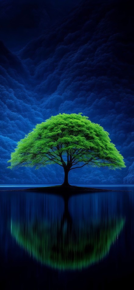 A green tree against a dark blue night sky phone wallpaper