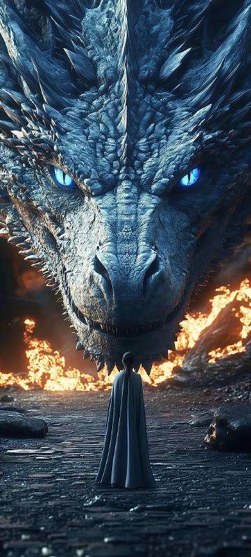 Fantasy scene in which a dragon confronts a man phone wallpaper