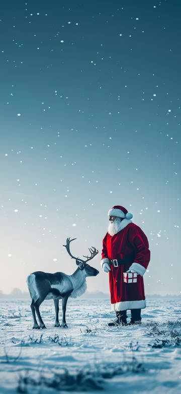 Santa Claus Standing With Reindeer In Snow 4K Wallpaper
