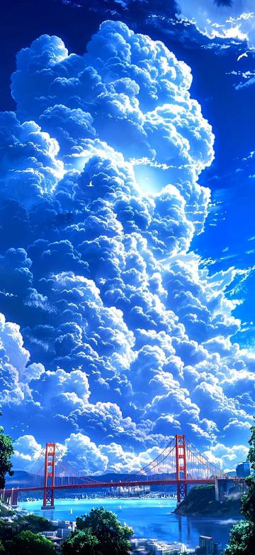 Blue Sky White Clouds Golden Gate Bridge 4k Illustration Wallpaper