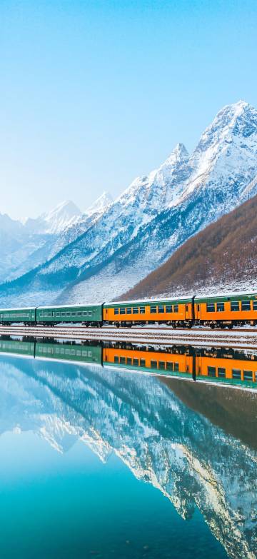 Magnificent scene of train in snowy scenery