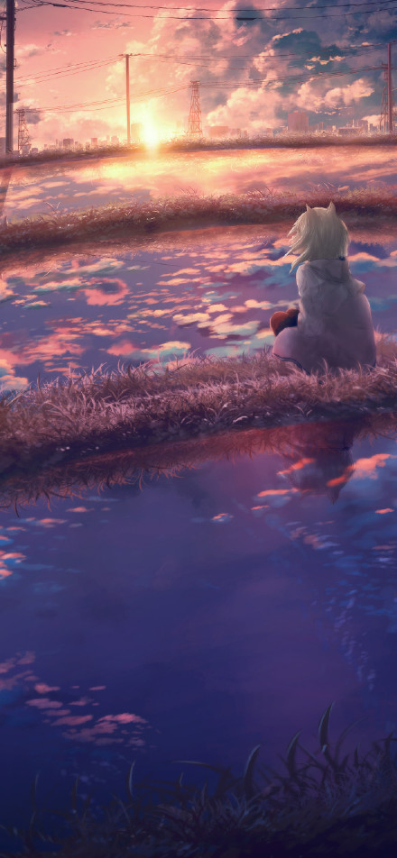Anime Girl Enjoying Sunset by the Ponds phone wallpaper