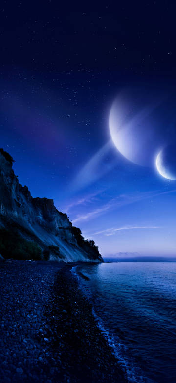 Strange scene of the secluded shore under moonlight