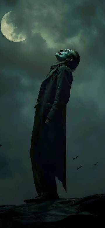 The joker looks up at the night sky in deep thought