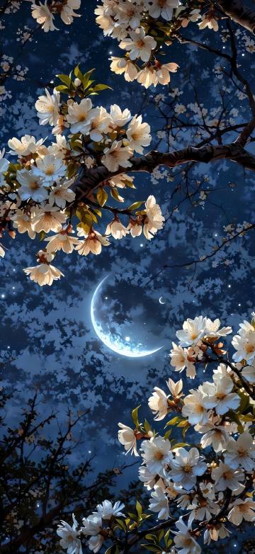 White Cherry Blossoms Under Moonlight Depth Effect 4K Wallpaper
