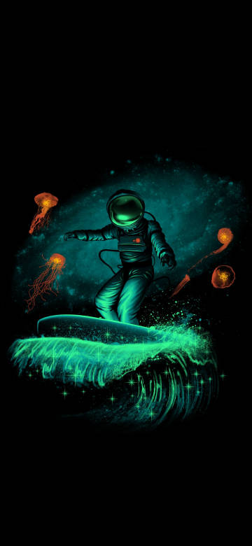 Sci-fi illustration wallpaper: Astronaut surfing