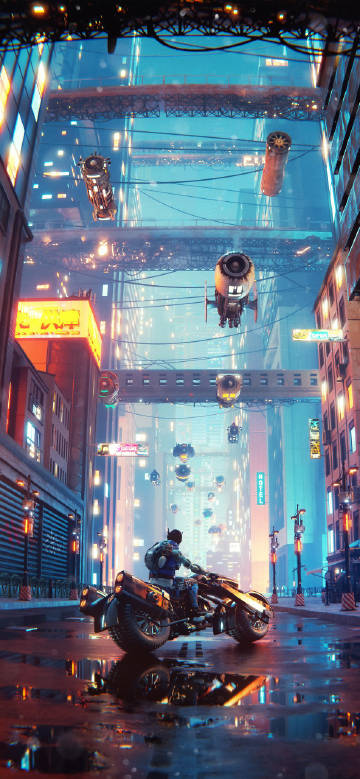 Rainy night ride in future city phone wallpaper