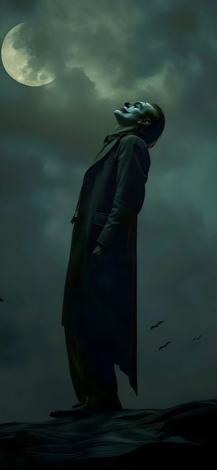 The joker looks up at the night sky in deep thought