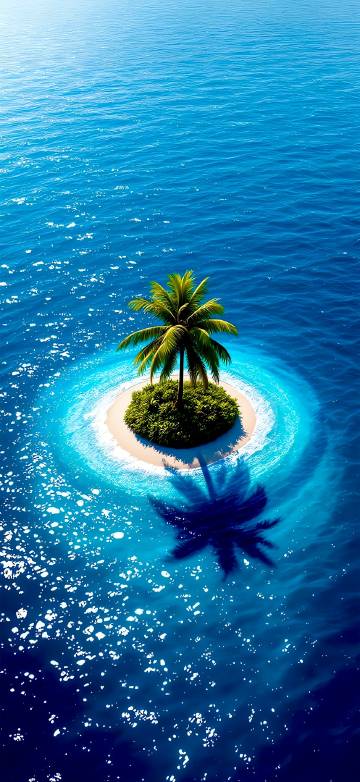 Lonely Palm Tree Island in the Middle of Blue Ocean 4K Wallpaper