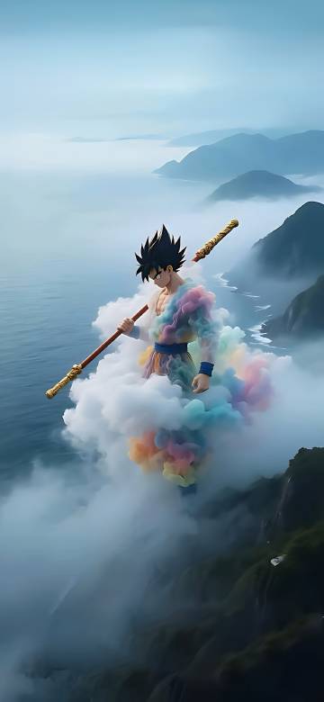 Dragon Ball Z: Goku on a Cloud Above Coastline 4K Wallpaper
