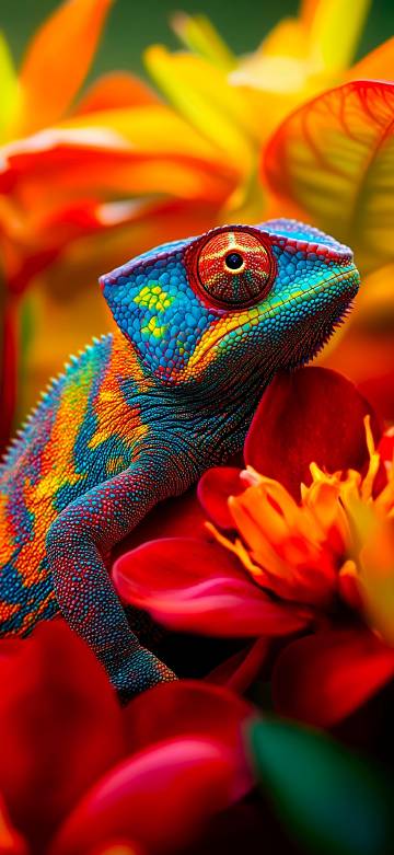 Blue Chameleon with Red Flowers Close-Up 4K