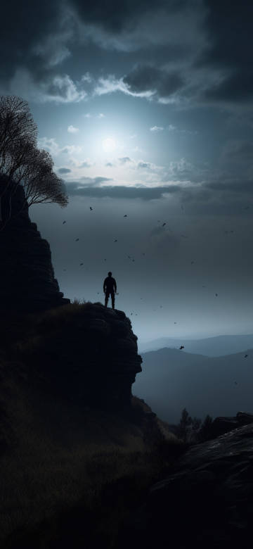 Silhouette of a Man Standing on a Cliff Edge 4K Phone Wallpaper