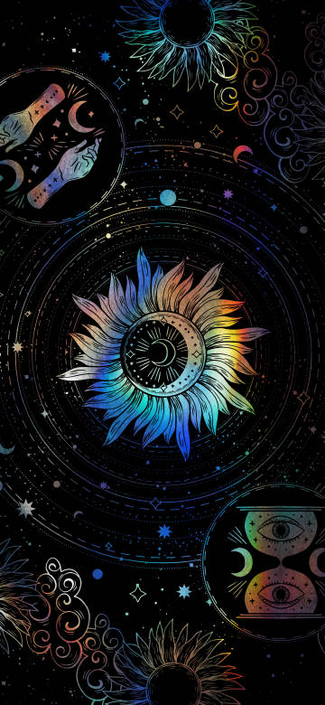 Holographic Celestial Symbols on Black Background 4K Wallpaper