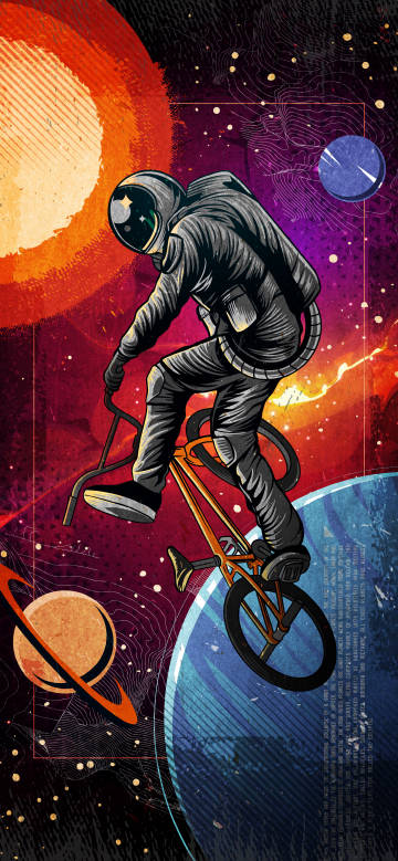 Fantasy illustration wallpaper: astronauts riding bicycles in space
