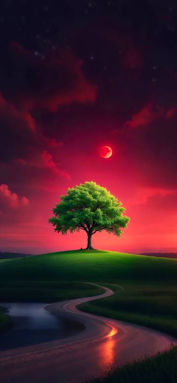 A green tree standing on a hillside phone wallpaper