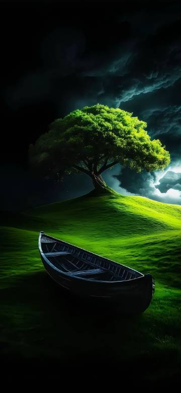 Fantasy scene of a small boat placed on a green grassy field