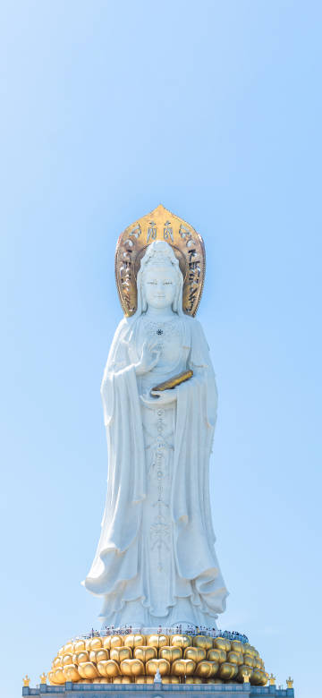 Nanshan Guanyin Statue Under Blue Sky 4K Wallpaper