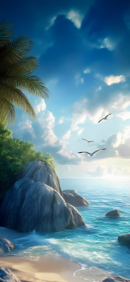 Beautiful Calm Blue Ocean And Rocky Shore Wallpaper 4K