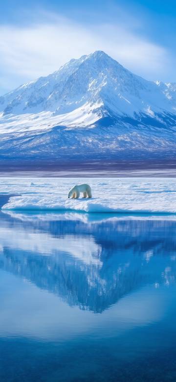 A polar bear under the towering snow-capped mountains