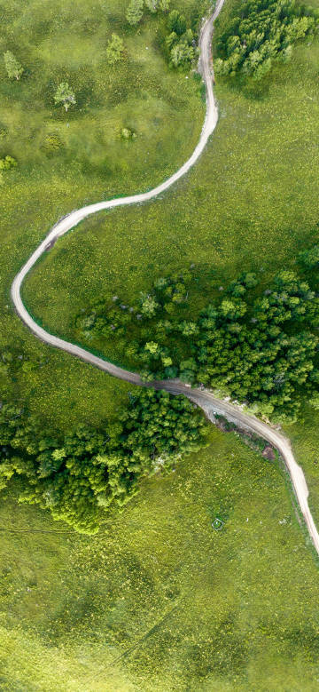 Overlooking a winding path through green meadows