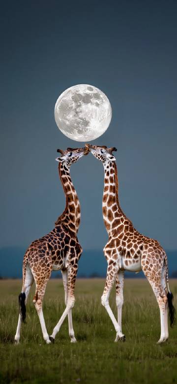 Two Brown Giraffes on a Green Grass Field Wallpaper