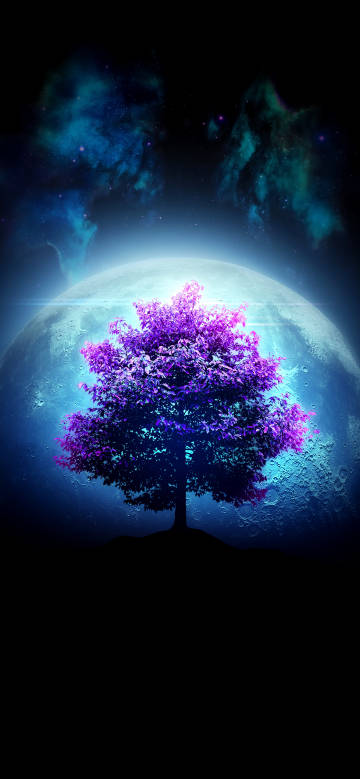 Dark phone wallpaper, planets, starry sky, purple tree