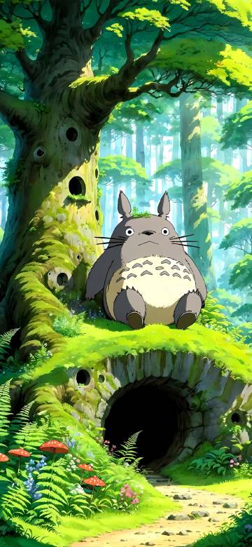 Cute and honest Totoro sitting on moss