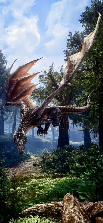 Fantasy Dragon Soaring Over the Forest 4K Wallpaper