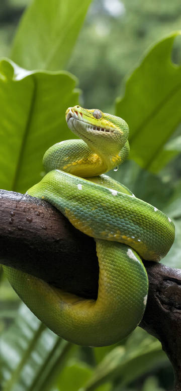 A green anaconda coiled in a tree phone wallpaper