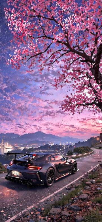 Black Sports Car Under Cherry Tree Aesthetic 4K Wallpaper