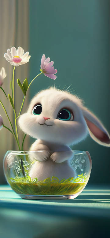 Cute rabbit in the glass bowl 4k phone wallpaper