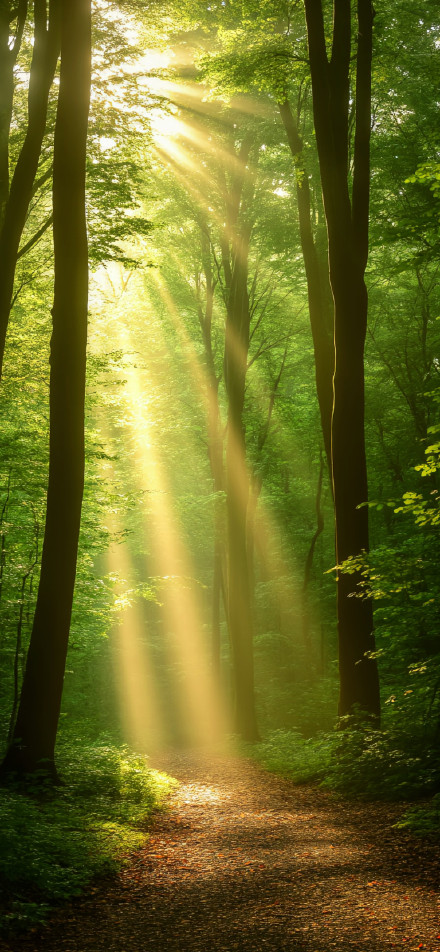Sun shines through the trees on the path phone wallpaper