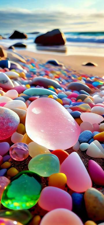 A variety of colorful pebbles on the beach by the sea