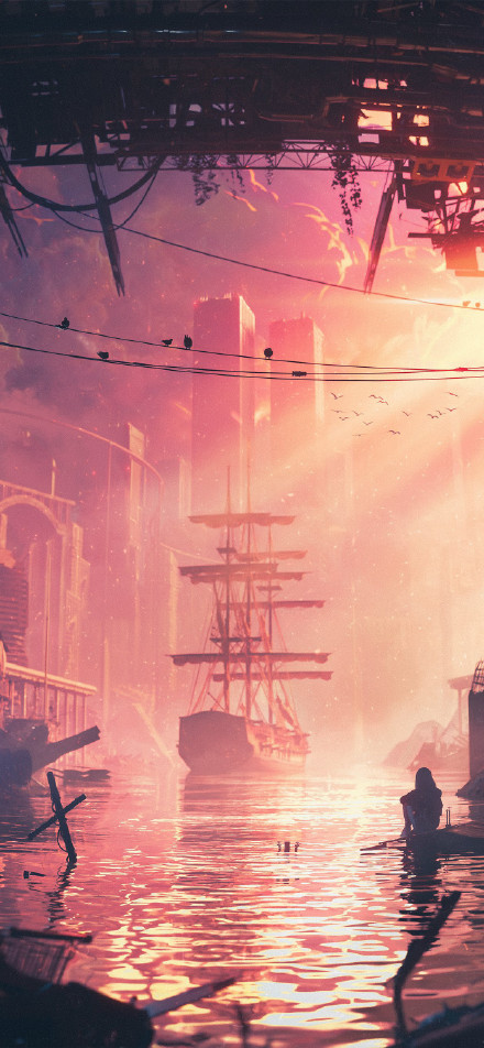 Cyberpunk phone wallpaper, sunset, boat, girl
