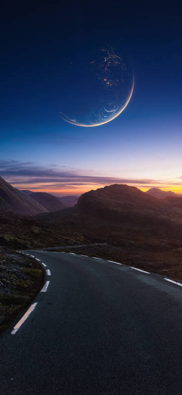 Winding Road Under A Giant Crescent Planet At Sunset 4K Wallpaper