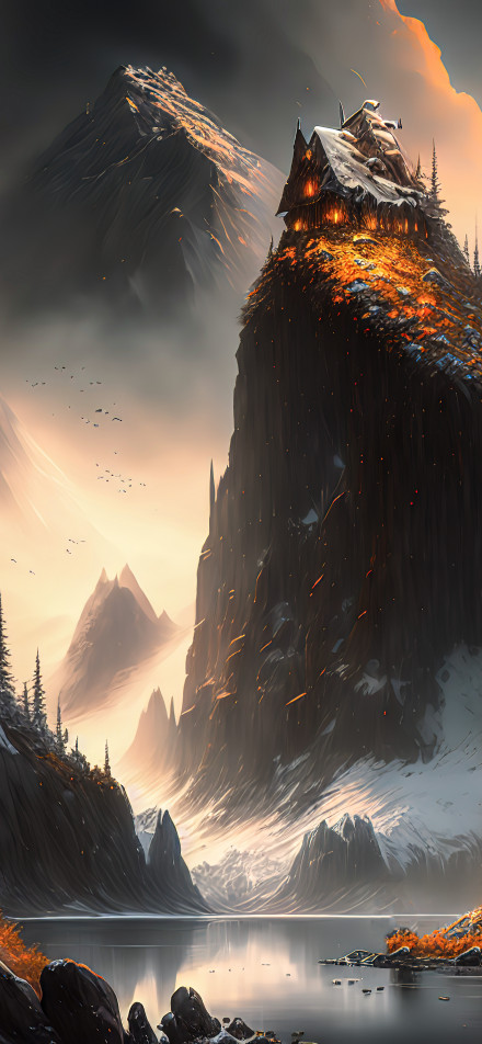 Lonely House on a Fiery Cliff 4K Phone Wallpaper