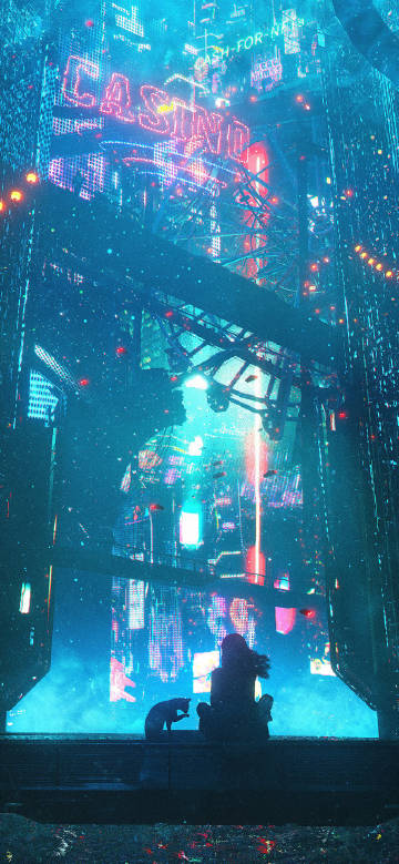 Girl and cat in cool cyberpunk city setting phone wallpaper