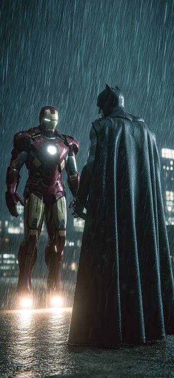 Batman and Iron Man talking on a rainy night phone wallpaper