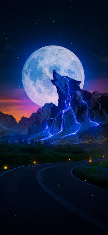 Magical moonlit mountain view phone wallpaper