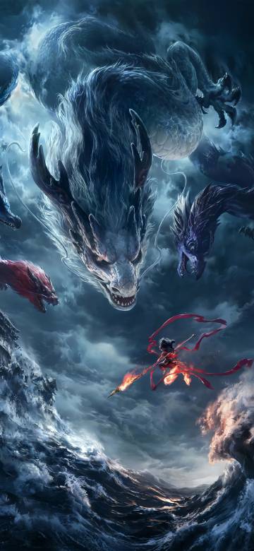 Nezha Fighting a Giant Dragon in a Storm