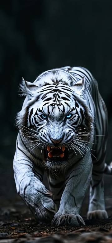 Ferocious White Tiger With Glowing Blue Eyes 4K Wallpaper