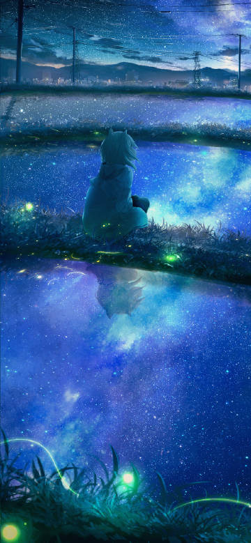 Anime girl meditating under the starry sky by the pond