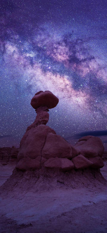 Deep purple starry sky wallpaper, nebula, fantasy stones, scenery