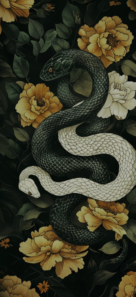 Two Snakes And Yellow Flowers Art 4k Illustration Wallpaper