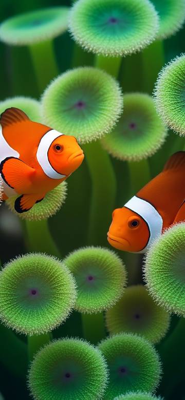 Two clownfish swimming in a sea anemone phone wallpaper