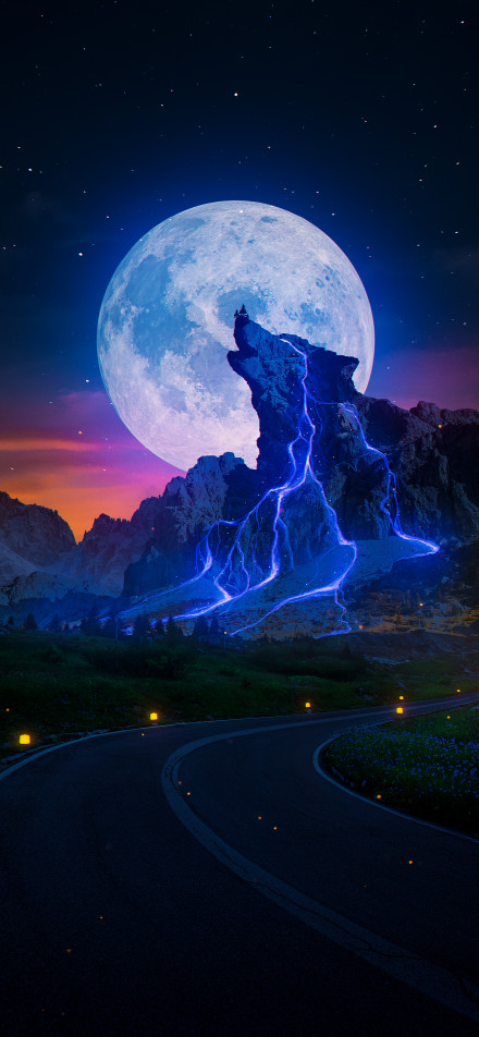 Magical moonlit mountain view phone wallpaper