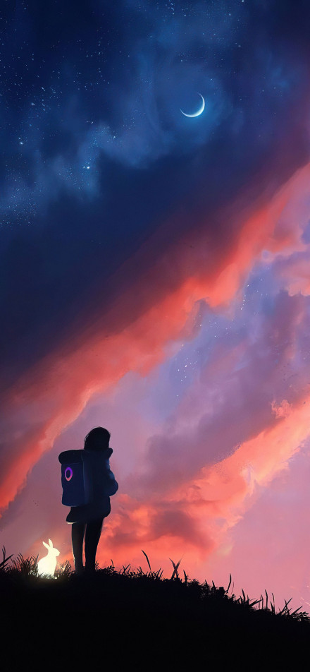 Girl with backpack and glowing rabbit under the starry sky