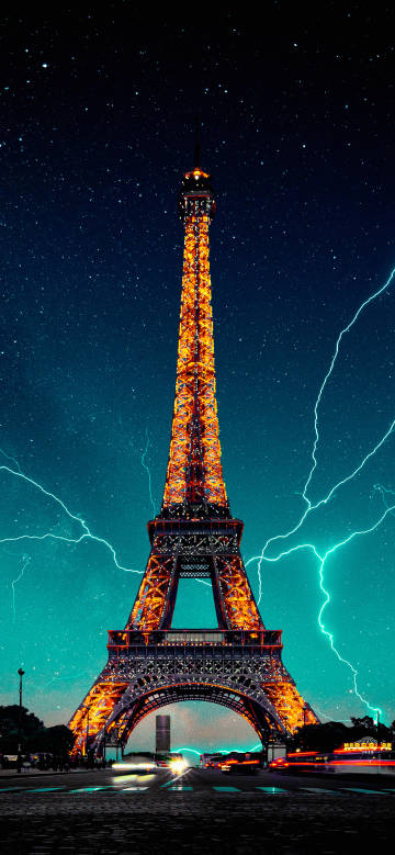 Eiffel Tower under starlight and lightning phone wallpaper